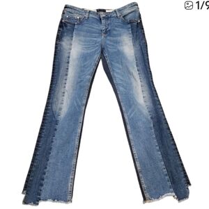Pilcro Parallel Patchwork Straight Leg Raw Hem Blue Jeans